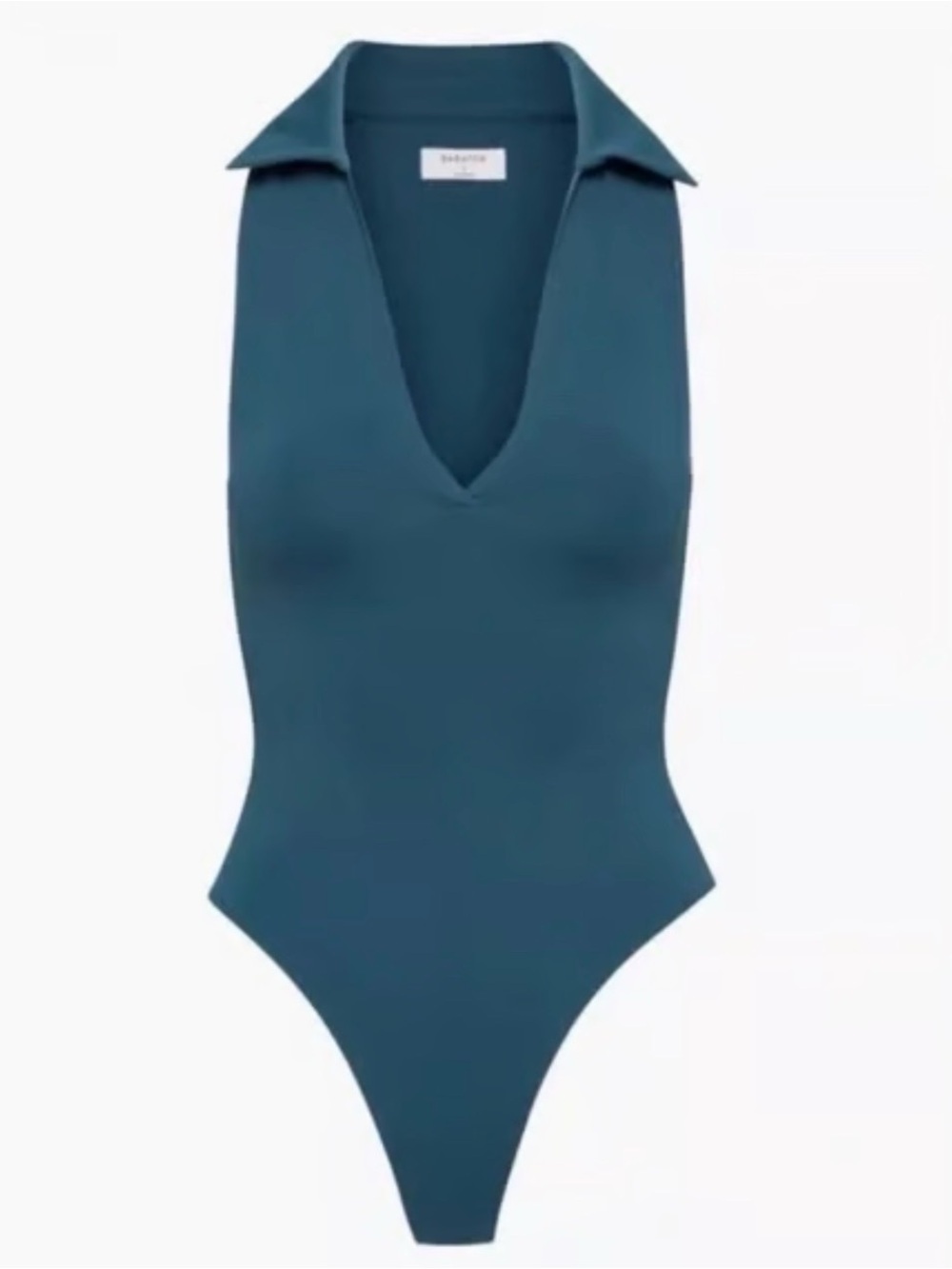 Aritzia Babaton Women's Meryl Polo Bodysuit Teal Blue Sleeveless Size XS V Neck